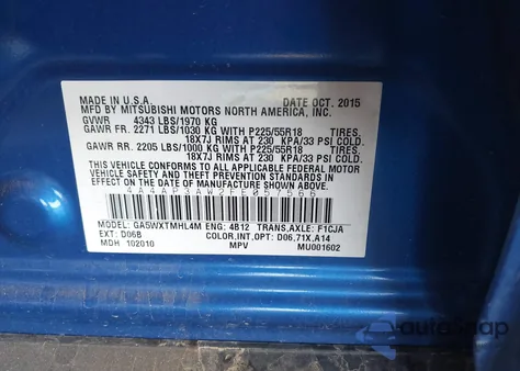 2015 Mitsubishi Outlander Sport Es из США, поврежденный, VIN 4A4AP3AW2FE057566